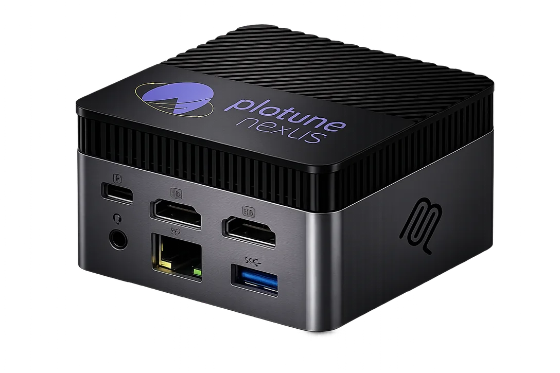 Plotune Nexus appliance with a finned enclosure and physical connectors